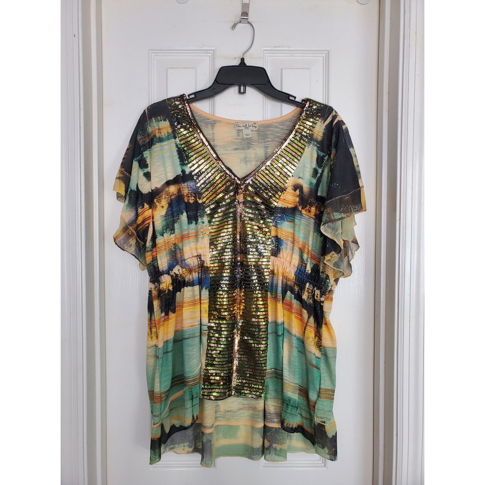 Live‎ and Let Live Tunic Top Green Yellow Sequin V-Neck Boho Flutter Sleeve 2X - Picture 2 of 7
